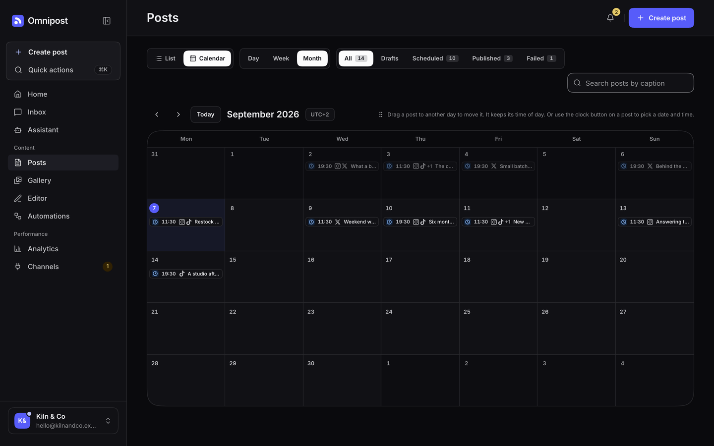 The Omnipost content calendar for September, with scheduled posts laid out across the month and the channel each one goes to on every entry.