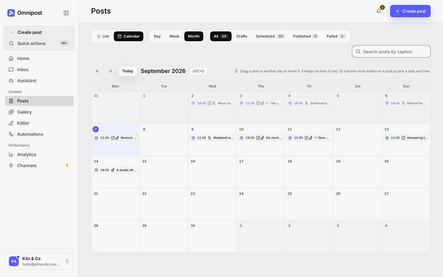 The Omnipost content calendar for September, with scheduled posts laid out across the month and the channel each one goes to on every entry.