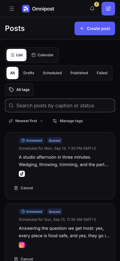 The Omnipost posts list on a phone, where each post is a card carrying its status, its scheduled time and the channels it goes to.