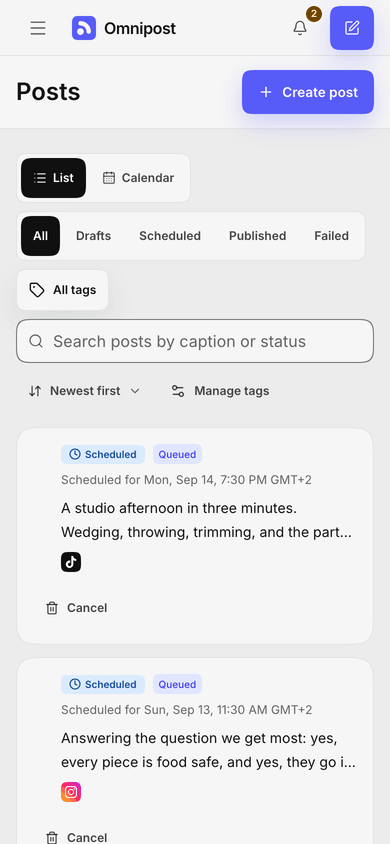 The Omnipost posts list on a phone, where each post is a card carrying its status, its scheduled time and the channels it goes to.